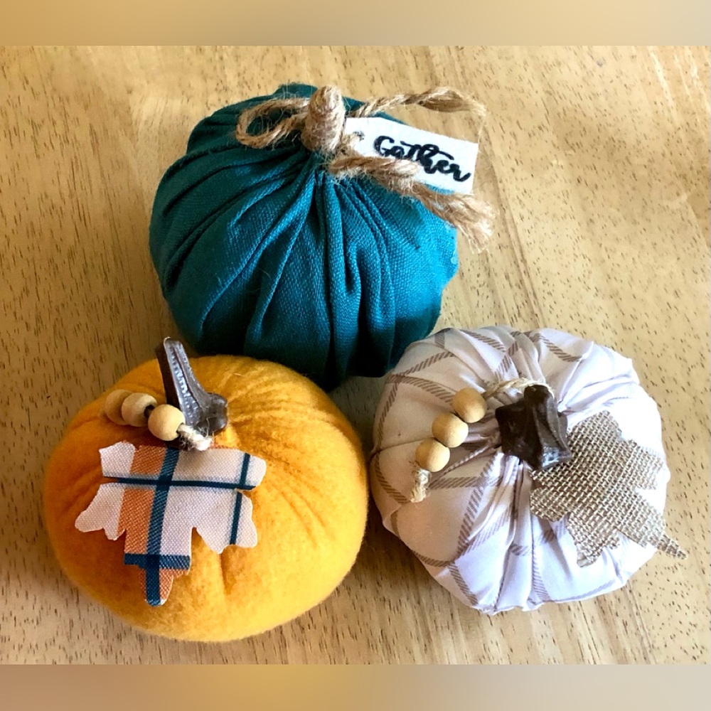 Gather Rustic Farmhouse 3 Teal Orange White Fabric Covered Pumpkins Fall Decor